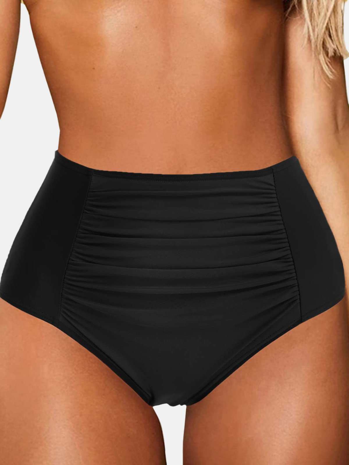 Black Ruched High-Waisted Tummy Control Bikini Bottom