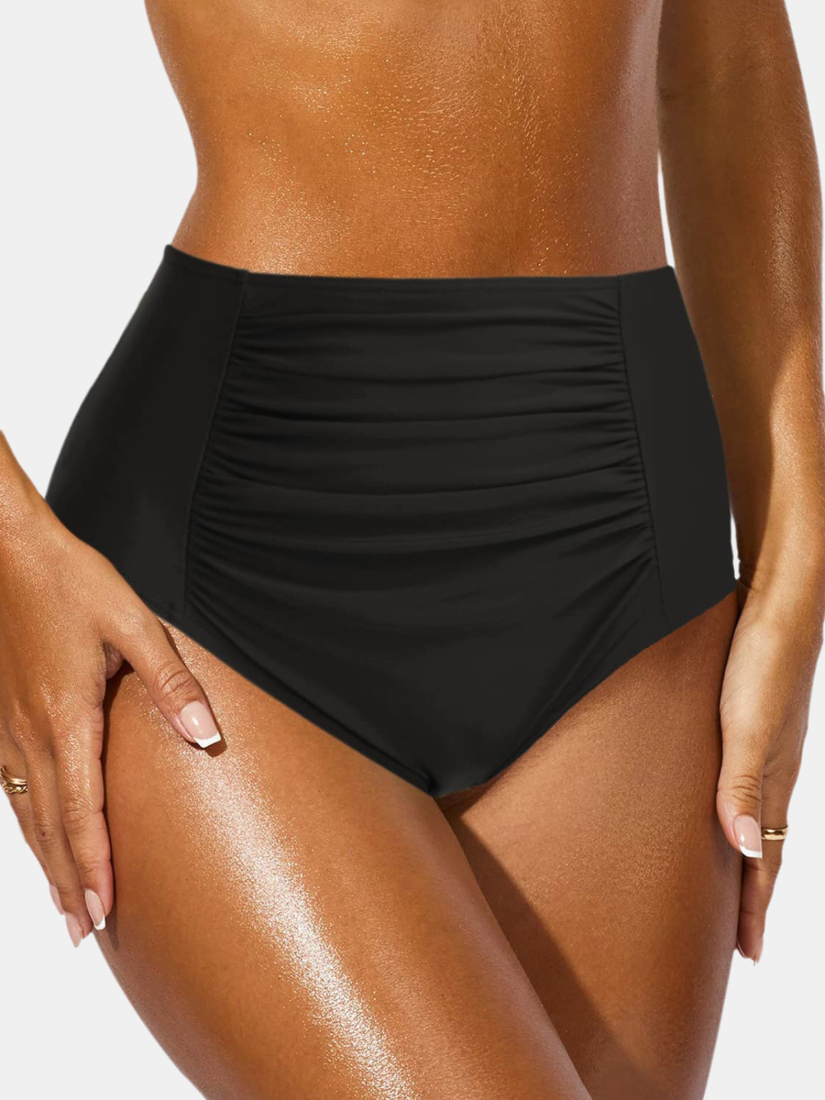 Black Ruched High-Waisted Tummy Control Bikini Bottom