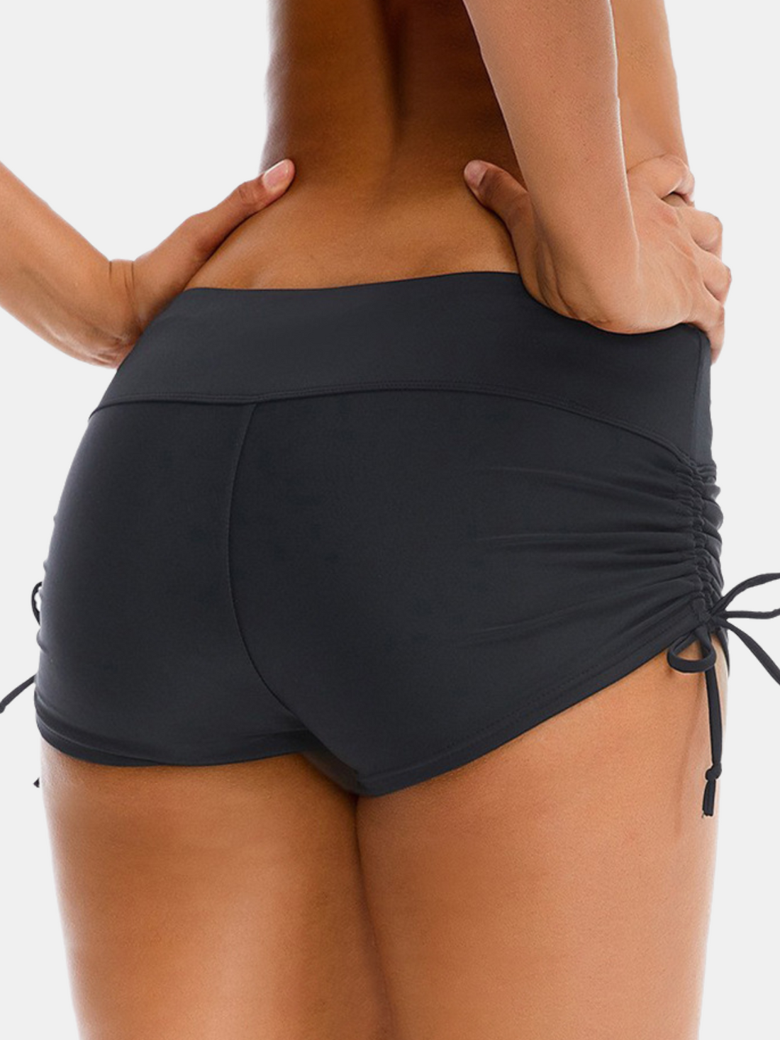 Black High-Waisted Full Coverage Swim Shorts with Drawstring