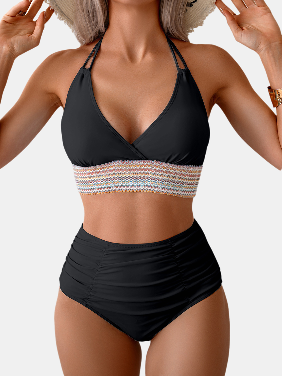 Halter V-Neck Ruched High Waist Bikini Set