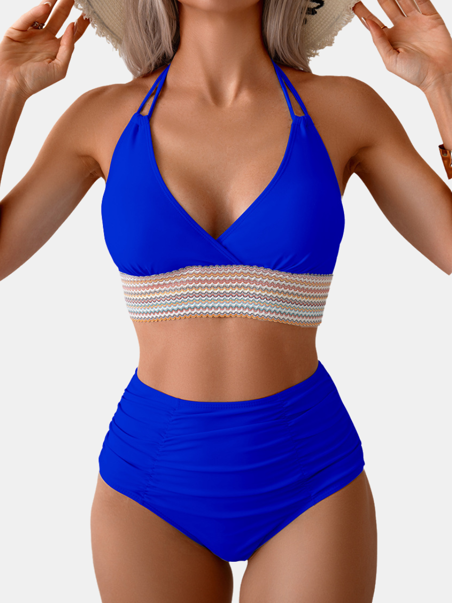 Halter V-Neck Ruched High Waist Bikini Set