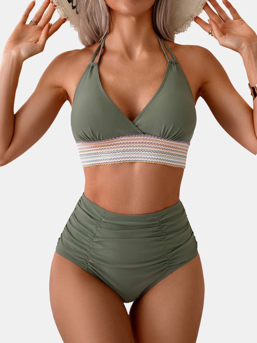 Halter V-Neck Ruched High Waist Bikini Set
