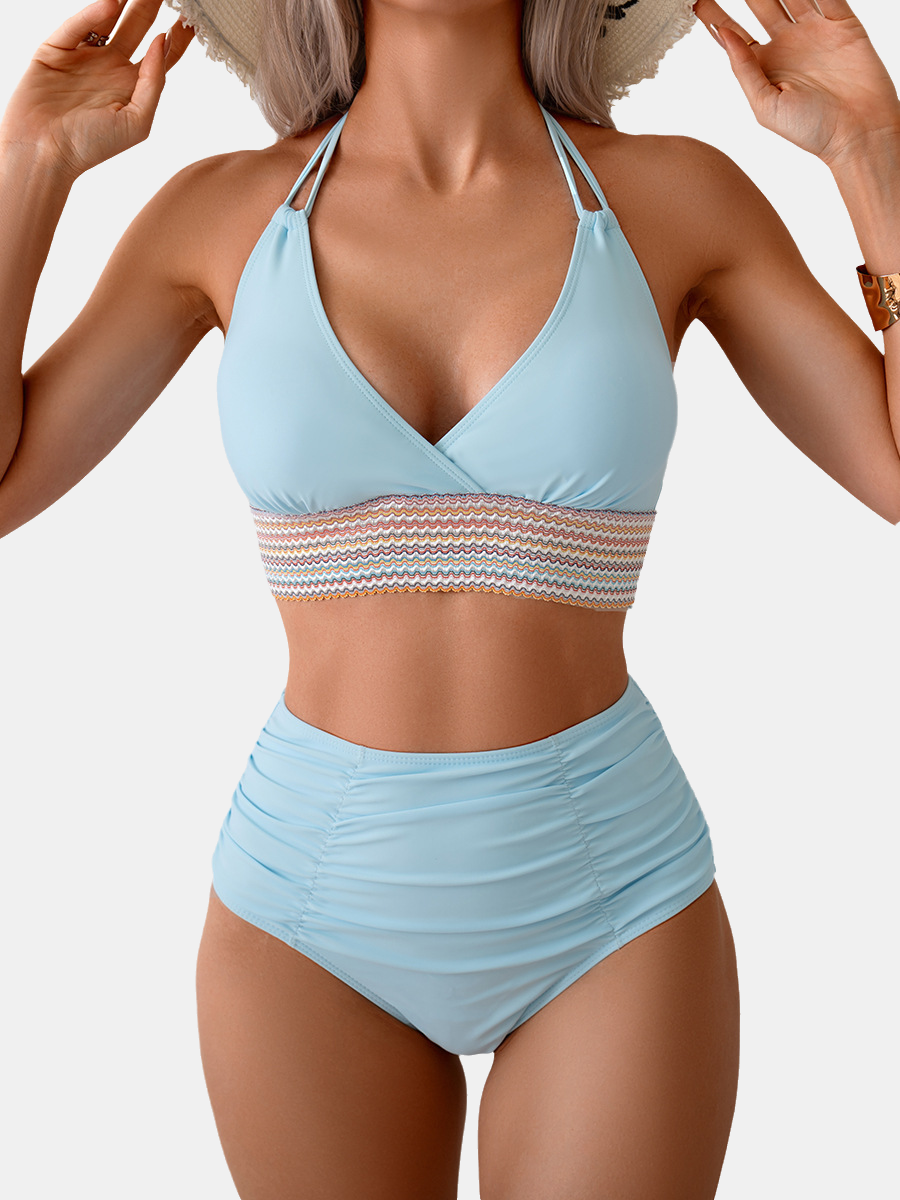 Halter V-Neck Ruched High Waist Bikini Set