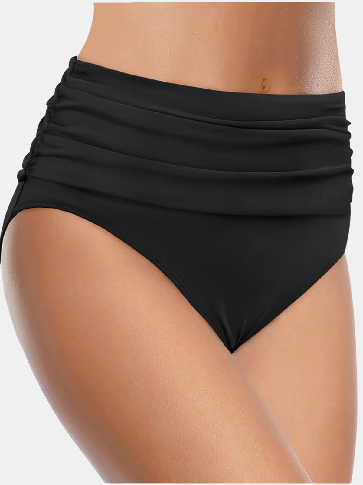 Black Ruched High-Waisted Full Coverage Bikini Bottom