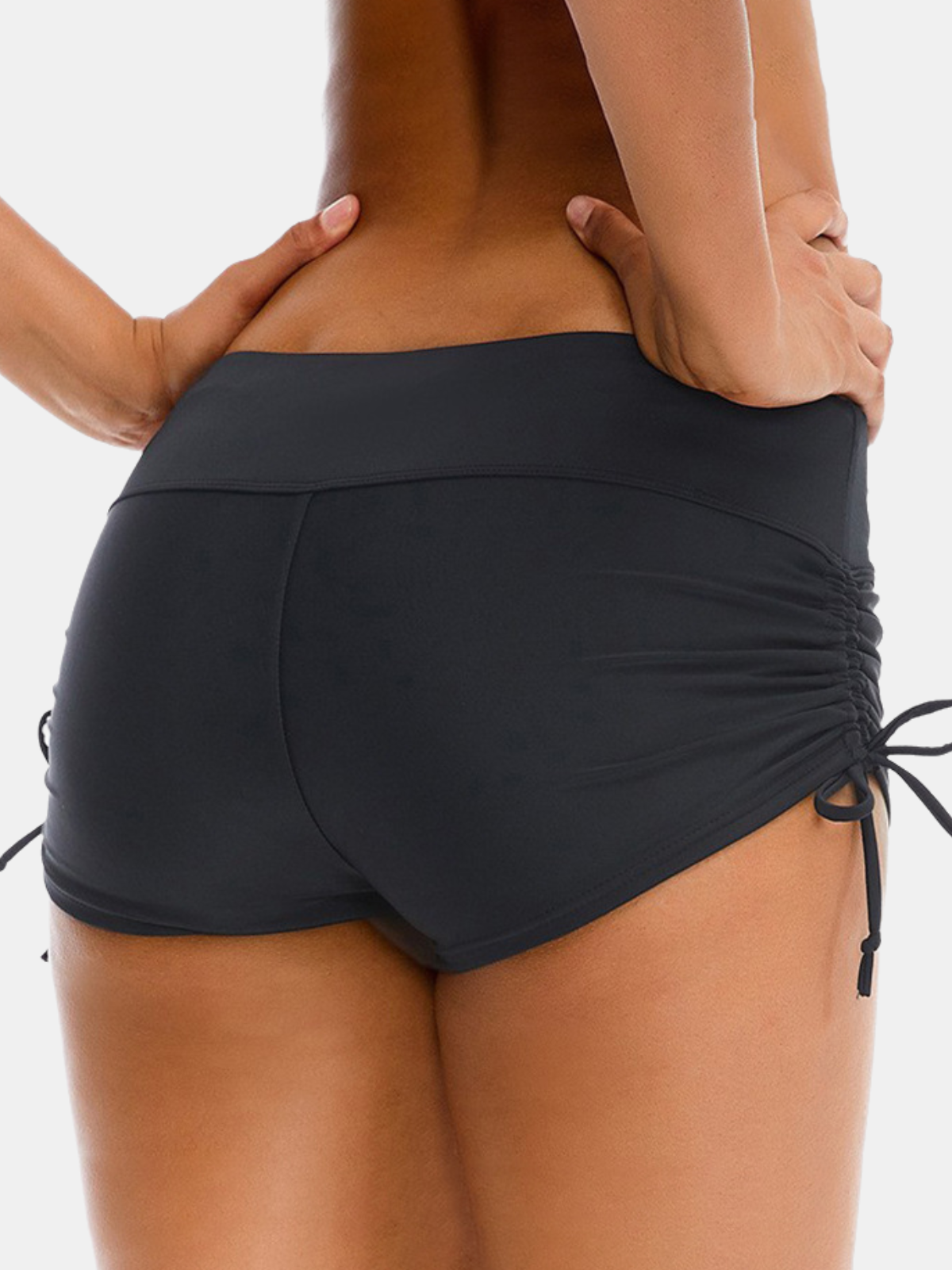 Black High-Waisted Full Coverage Swim Shorts with Drawstring