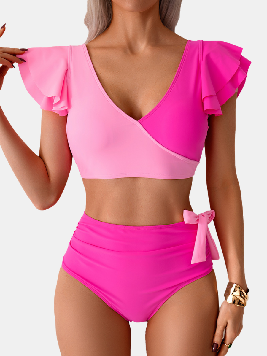 Ruffled Sleeve Tie Tummy Control Bikini Set