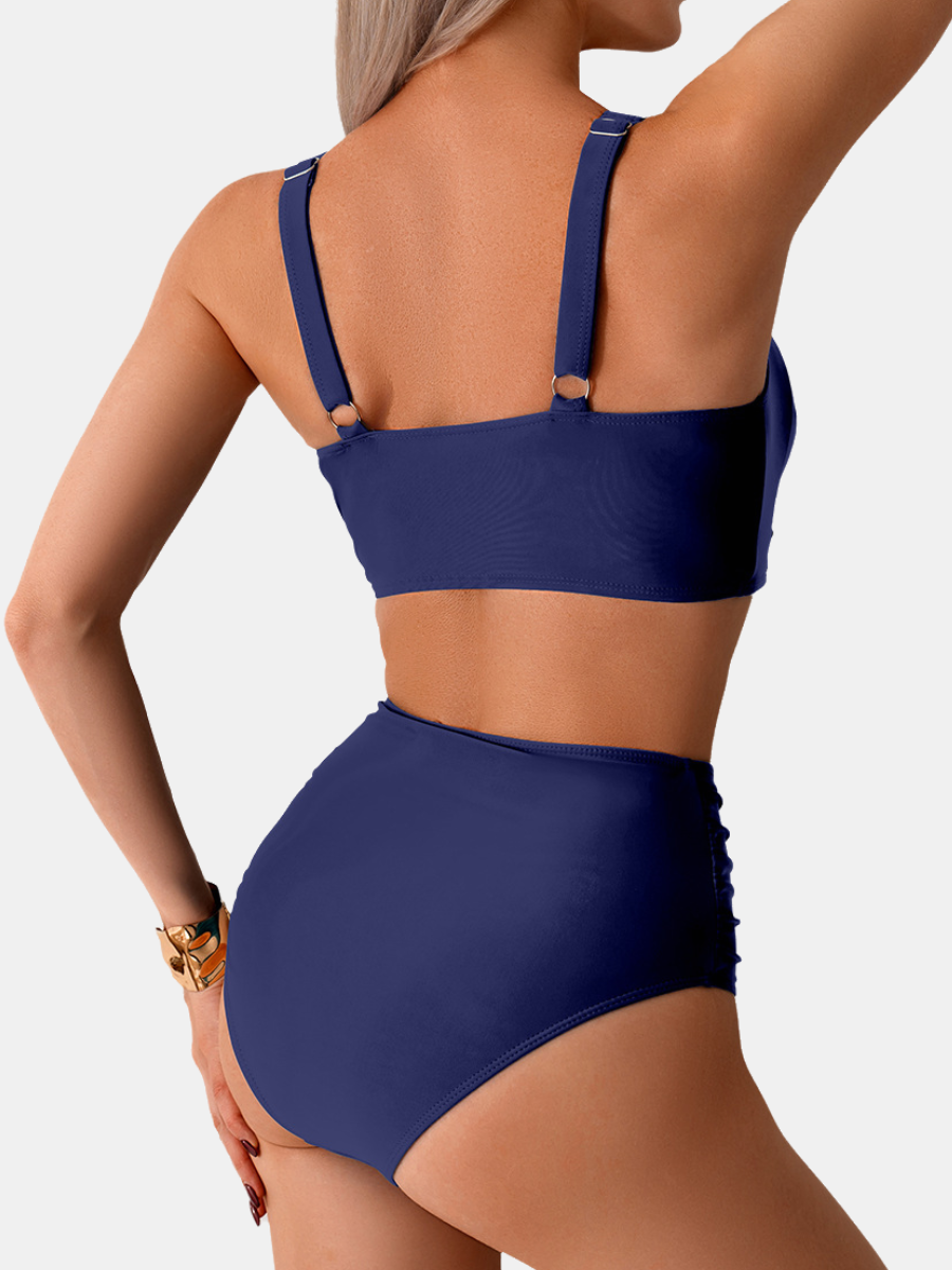 V Neck Criss-Cross Ruched Tummy Control Bikini Set