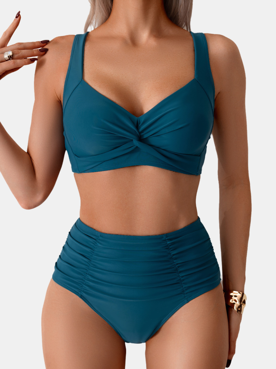 V Neck Criss-Cross Ruched Tummy Control Bikini Set