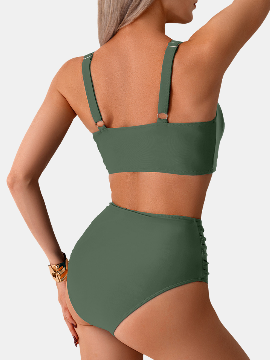 V Neck Criss-Cross Ruched Tummy Control Bikini Set